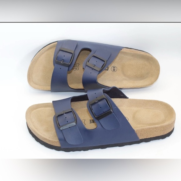 Cushionaire Cork Slip On Leather Blue Double Buckle Sandals - 8 - Picture 1 of 11